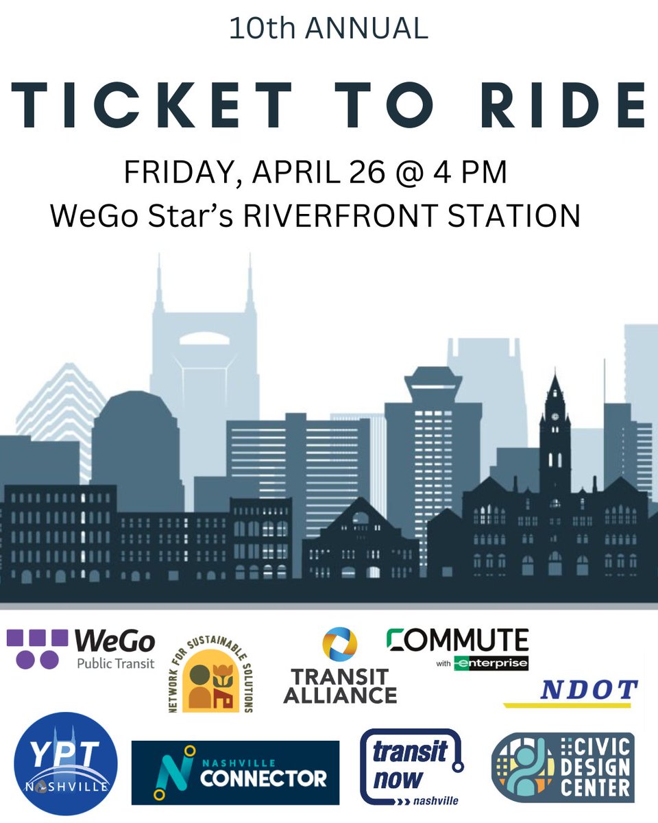 TransitAllianceMidTN (@talliancemidtn) on Twitter photo Next Friday is your TICKET TO RIDE! bit.ly/TickettoRide20…
Tickets are selling FAST--register today!
<a href="/WeGoTransit/">WeGo Public Transit</a> <a href="/YPTNashville/">YPT Nashville</a> <a href="/transitnownash/">Transit Now</a> <a href="/walkbikenash/">Walk Bike Nashville</a> <a href="/civicdesignctr/">Civic Design Center</a> <a href="/fairpointe/">Fairpointe Planning</a> <a href="/TransitForNash/">Connect Mid TN</a> <a href="/NashvilleDOT/">Nashville Department of Transportation</a> Next Friday is your TICKET TO RIDE! bit.ly/TickettoRide20…
Tickets are selling FAST--register today!
<a href="/WeGoTransit/">WeGo Public Transit</a> <a href="/YPTNashville/">YPT Nashville</a> <a href="/transitnownash/">Transit Now</a> <a href="/walkbikenash/">Walk Bike Nashville</a> <a href="/civicdesignctr/">Civic Design Center</a> <a href="/fairpointe/">Fairpointe Planning</a> <a href="/TransitForNash/">Connect Mid TN</a> <a href="/NashvilleDOT/">Nashville Department of Transportation</a>