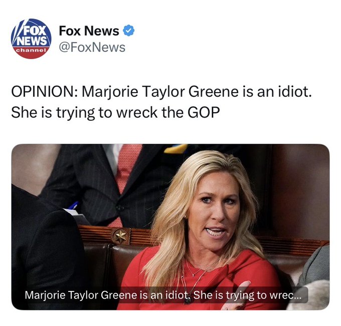 You know Marjorie Taylor Greene has become too extreme when Fox News becomes the voice of reason in the room.🤡 #ProudBlue #GOPClownShowContinues #VoteBlueToStopTheStupid