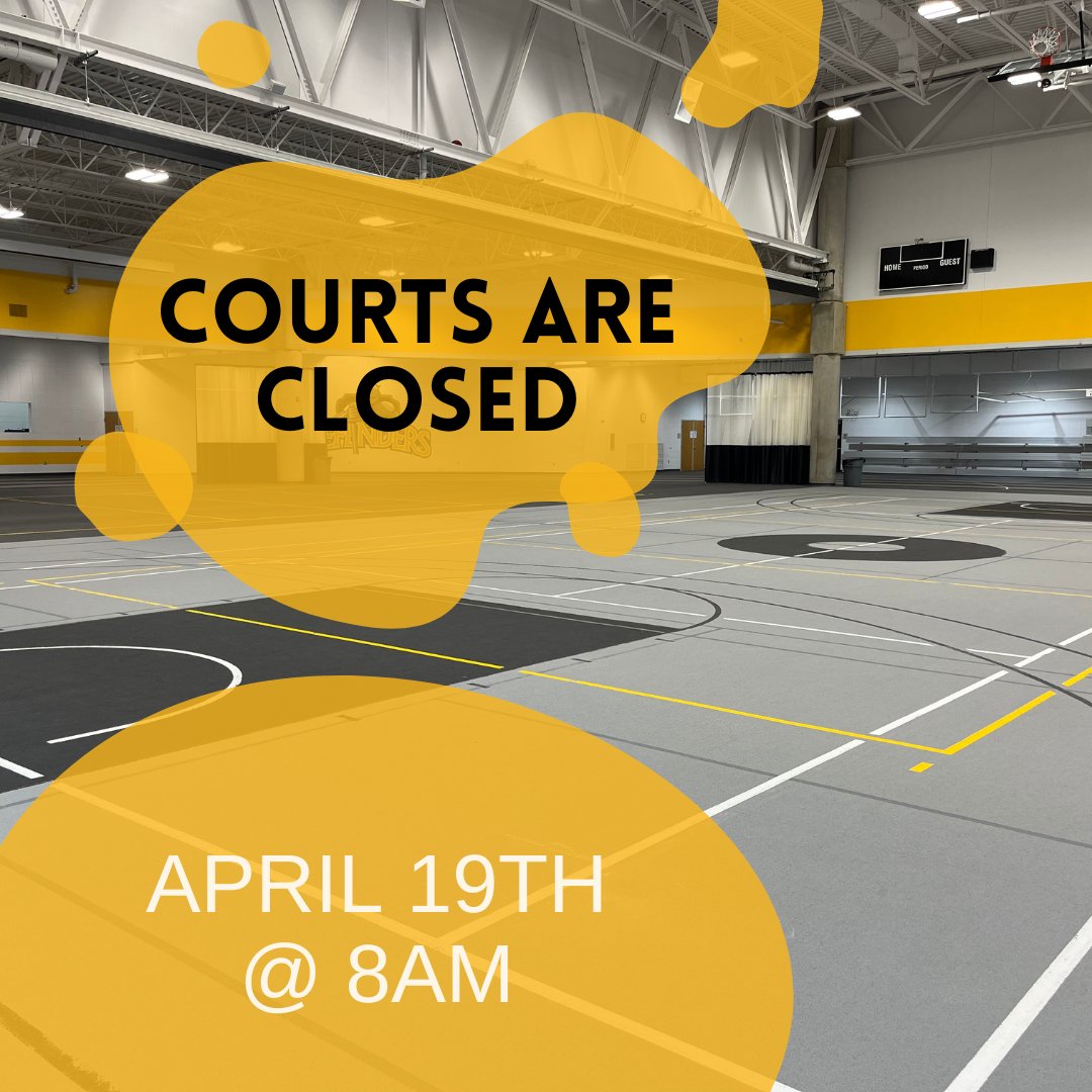 dordtreccenter's tweet photo. Courts will be closed on April 19th beginning at 8am. Unity Christian High School will be setting up for its post-prom event. 

Racquetball courts, weight room, track, and cardio area will remain open. 

Thank you for understanding! https://t.co/XBuPEKljZQ