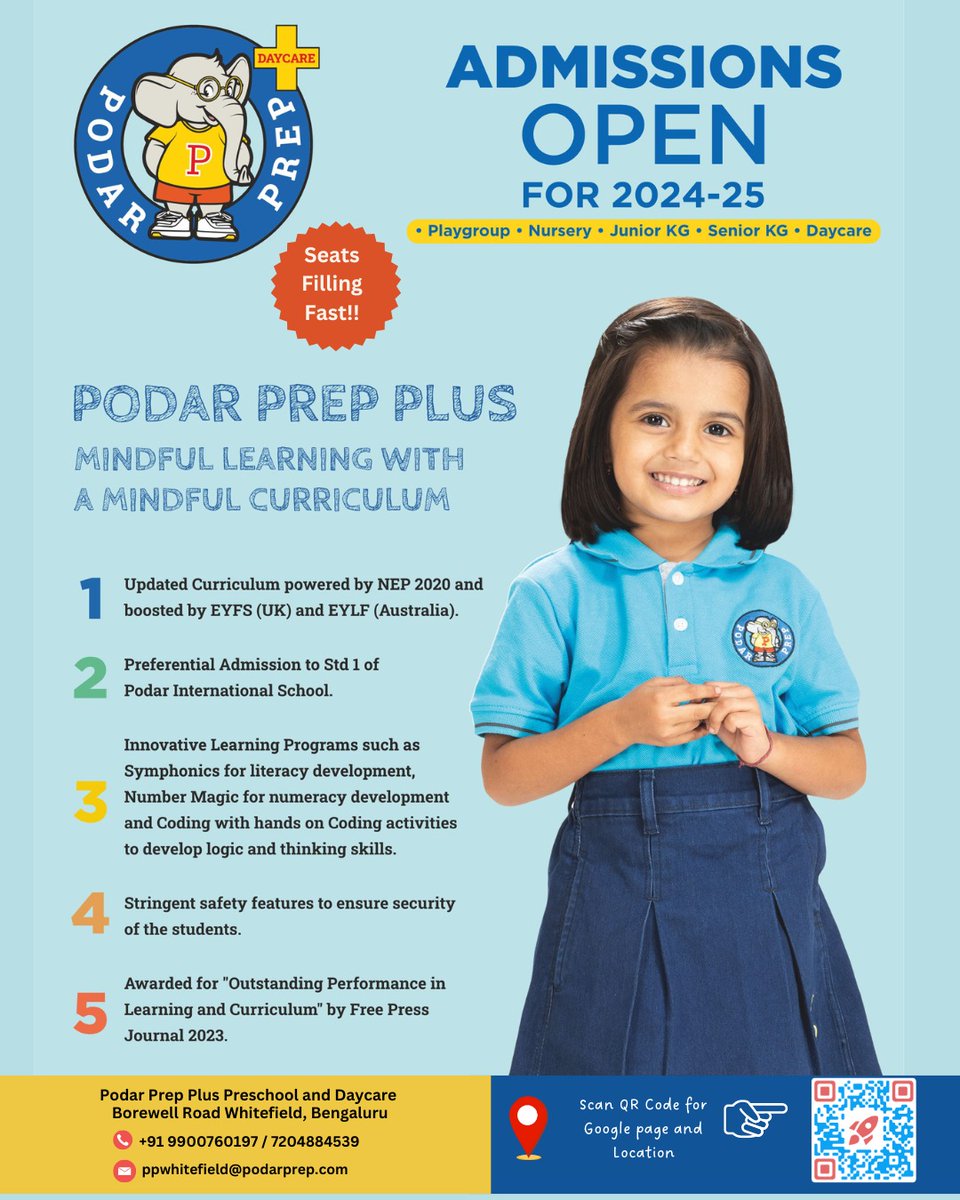 BorewellPjk's tweet photo. Join Podar Prep Plus, Whitefield Center for your child's fantastic educational journey!  We're now accepting applications for Nursery, Playgroup, JKG, SKG, and Daycare levels. Contact us today!   #PodarPrepPlus #AdmissionsOpen #Preschool #Daycare #WhitefieldCenter https://t.co/63TZC794DN