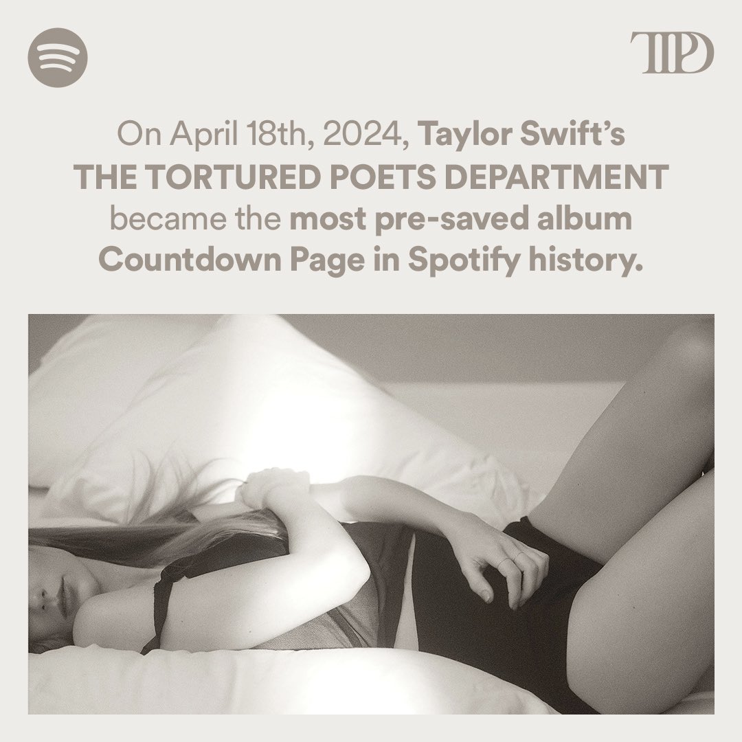 ‘THE TORTURED POETS DEPARTMENT’ by Taylor Swift is officially the most pre-saved album Countdown Page in Spotify history.