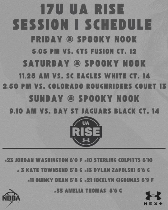 Our 17U Girls UA Rise are headed to Manheim, PA for Session 1️⃣. Coaches, our schedule and roster are below. Tons of high academic players to take a look at‼️