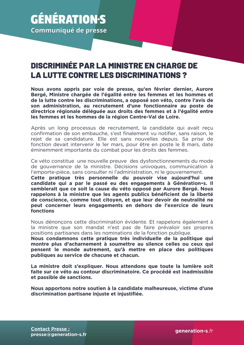 Communiqué 🔴Il est inacceptable qu’@auroreberge ait pu opposer son véto au recrutement d'une fonctionnaire au poste de directrice régionale à l’égalité Femmes/Hommes, en raison de son engagement antérieur auprès de Génération•s.⁦ Nous dénonçons cette discrimination évidente.