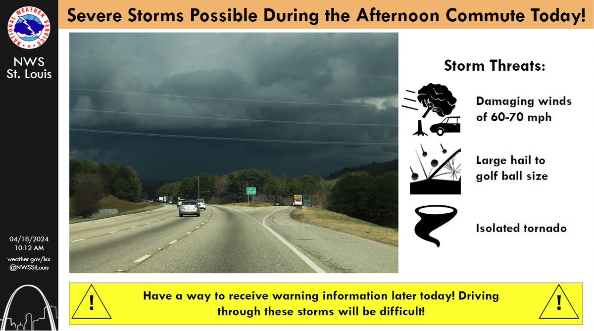 🚨Your afternoon commute could be affected by severe storms this afternoon and evening! 🚨 Winds of 60-70 mph, hail to the size of golf balls, and an isolated tornado are all threats as these storms move through! Have a way to monitor weather and check warnings today! #stlwx