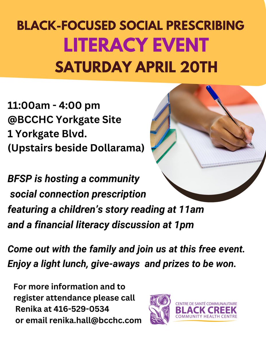 DownsviewAdv's tweet photo. π Join @BlackCreekCHC this Saturday, April 20th for a Black-Focused Social Prescribing Literacy Event! From children's story reading to financial literacy discussions, there's something for everyone. Free event with giveaways and prizes. RSVP today! #LiteracyEvent https://t.co/992nSd2ZPL