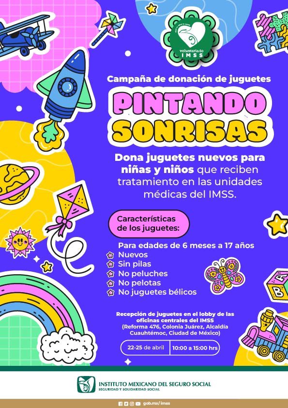 Tu_IMSS's tweet photo. 🧸 Campaña de donación de juguetes #PintandoSonrisas.
🪁 Dona juguetes nuevos para niñas y niños que reciben tratamiento en las unidades médicas del #IMSS.
🗓️ Del 22 al 25 de abril, de 10:00 a 15:00 horas en el edificio central del IMSS, en Av. Paseo de la Reforma 476, CDMX. https://t.co/Hh05rJ85SN