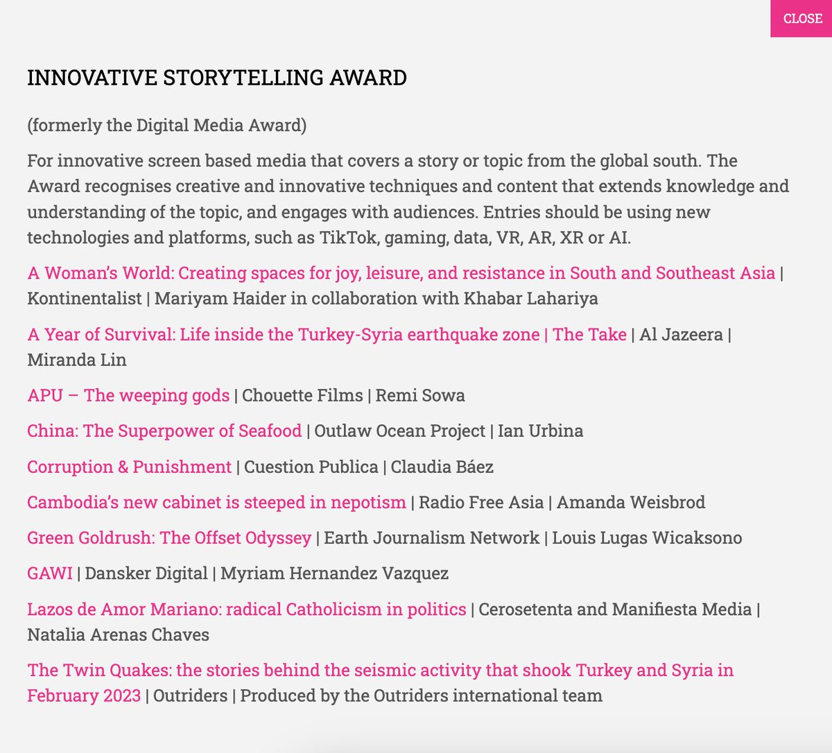 ¡DOBLE NOMINACIÓN PARA @cuestion_p! 🥳 La investigación #CorrupciónYCastigo, que hicimos con @transparenciaco y @360gradoscol, fue seleccionada para la longlist del One World Media Awards, en la categoría Innovative Storytelling Award 2024. 🔥 Somos parte de esta prestigiosa