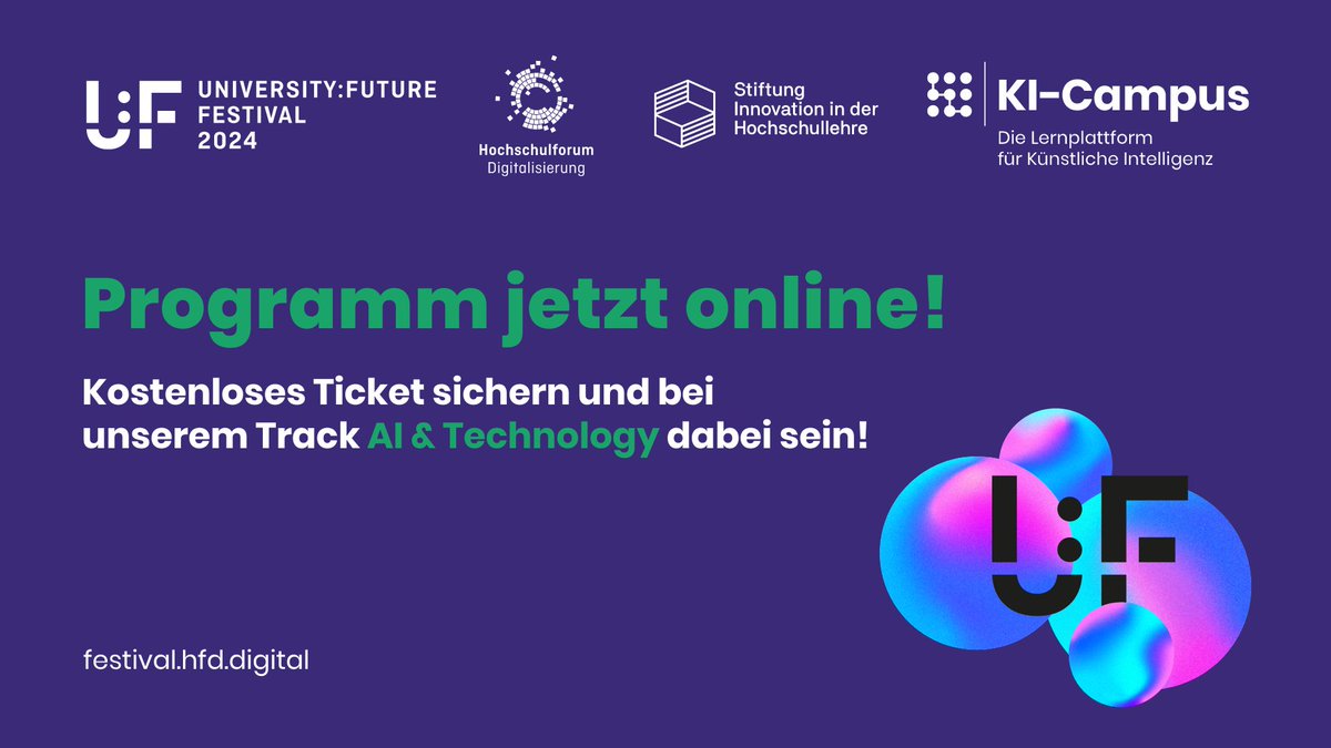 Tadaaa – das U:FF-Programm ist da! 🎉 Auf der #KICampus-Stage erwarten euch am 6.6. viele inspirierende Speaker:innen rund um 'AI & Technology'! Programm: ➡️festival.hfd.digital/de/programm-20… Kostenloses Ticket: ➡️festival.hfd.digital/de/tickets #UFFestival #KI #DigitaleBildung #LernenmitKI