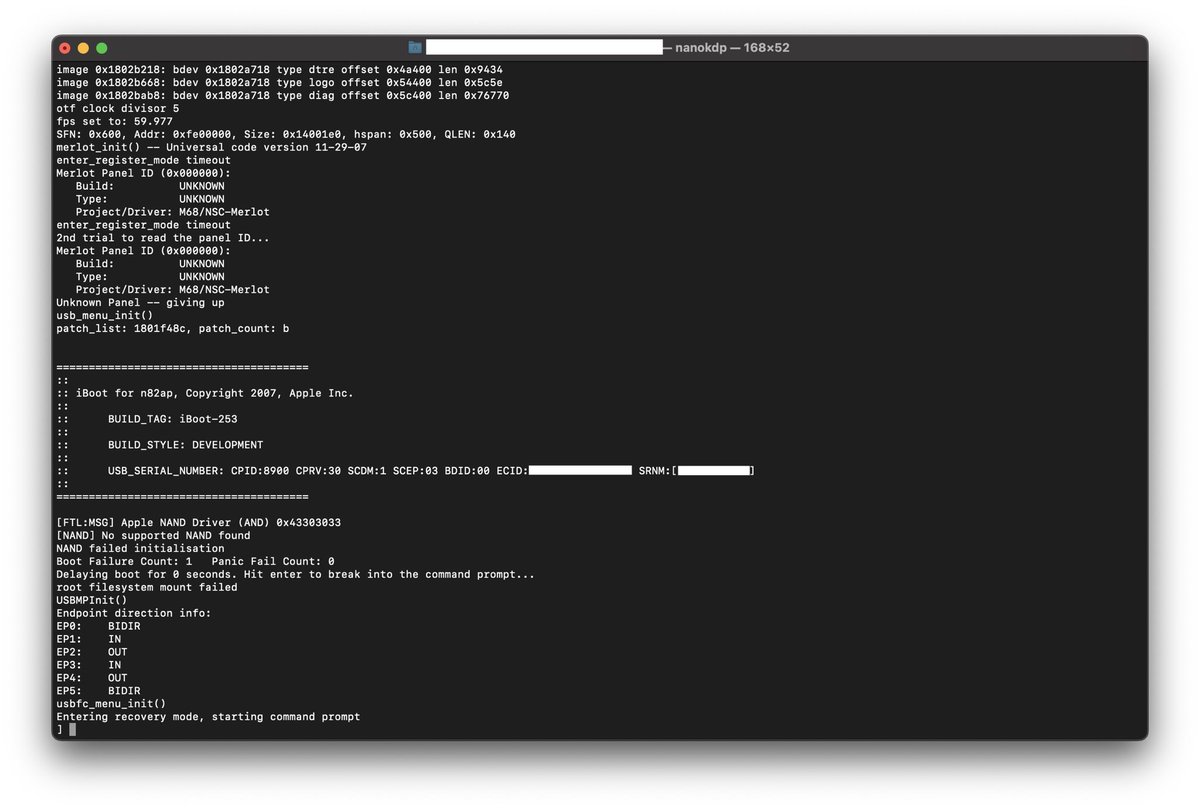 iBoot for n82ap, Copyright 2007 BUILD_TAG: iBoot-253 Diagnostics in this build date to January 2008 This iBoot is essentially iOS 1.x for the iPhone 3G No display and no NAND when flashed on a production unit