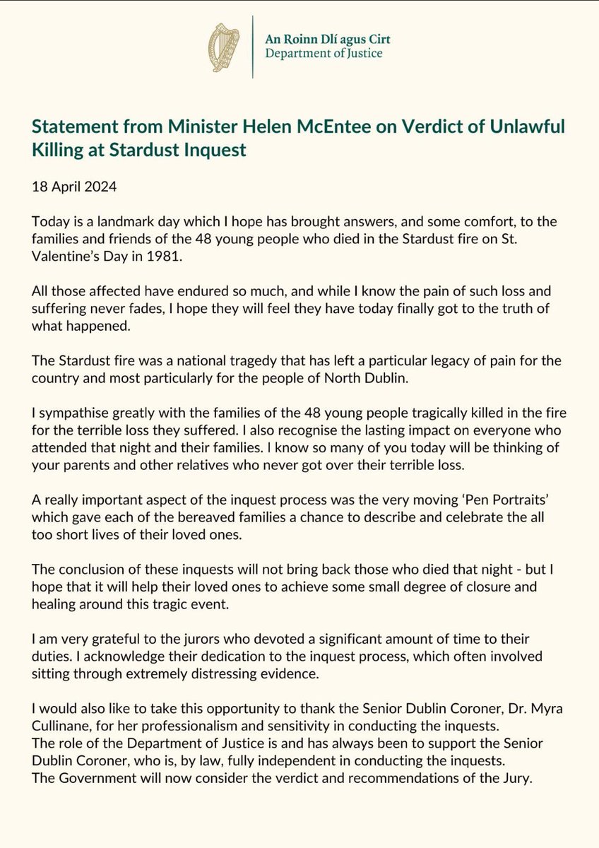 HMcEntee's tweet photo. Today is an incredibly difficult day for the families of the 48 young people who tragically lost their lives. Above everything I hope this outcomes brings them some comfort &amp; that they feel they have finally found the truth #stardust https://t.co/R7EmywO54U