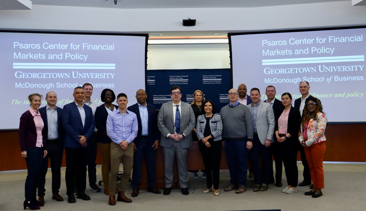 Recently, students from @NDU_EDU joined the Psaros Center at @Georgetown's campus. After a tour of the Hilltop, the group met with @ProfAggarwal and @Ernietedeschi. The group discussed emerging risks in the financial industry and the #nationaldebt and how these impact…