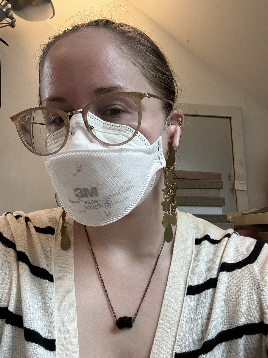 Reasons to wear a respirator in high risk workplaces, #2947292: If you’re dremeling metal (such as brass in my case), the steel bristles tend to fly off towards your face. Check out this beautiful marble design this created on my aura lol: