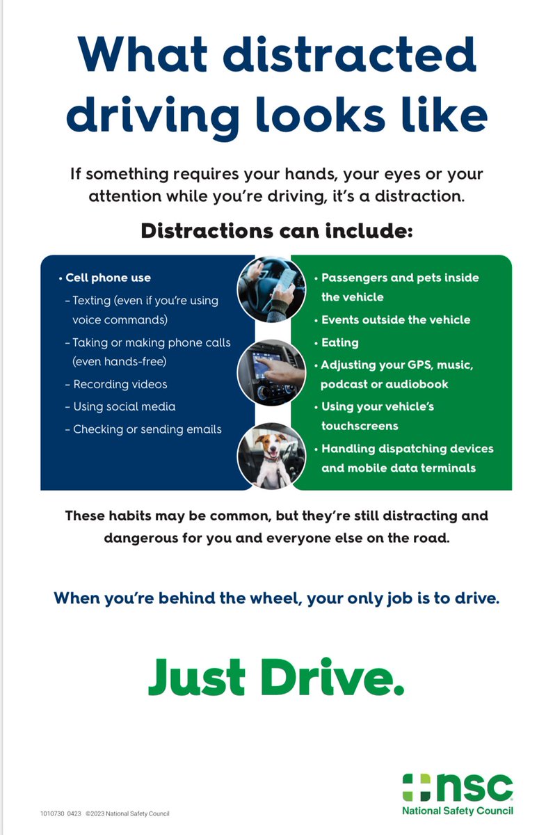 April is Distracted Driving Awareness Month. The @NSCsafety and @SCDPS_PIO want to bring attention to the dangers of distracted driving and share simple steps you can take to avoid it. Please limit your distractions as much as possible and #justdrive