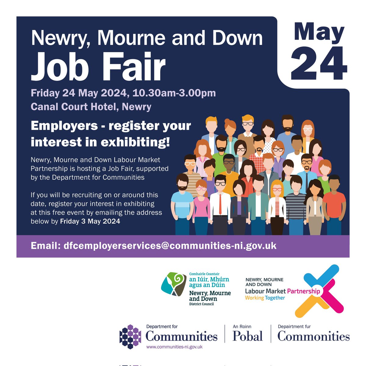 NMD JOB FAIR l Employers in @nmdcouncil Area are invited to promote their current job vacancies at this Job Fair on Fri 24th May in @CanalCourtHotel. Employers who wish to take a stand, must complete and return the form below by 5pm on Fri 3rd May. tinyurl.com/423ddfhd 👈