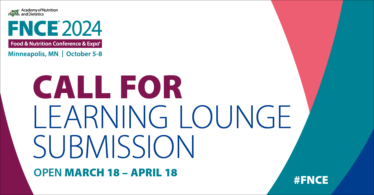 🚨 It's the LAST day to submit a Learning Lounge proposal for #FNCE! 🚨

Topics should be evidence-based, relevant to the nutrition care industry, and focus on food and nutrition topics.

Apply today, April 18 by 5 p.m. CT: sm.eatright.org/LearningLounge…

#eatrightPRO #rdchat #dietetics