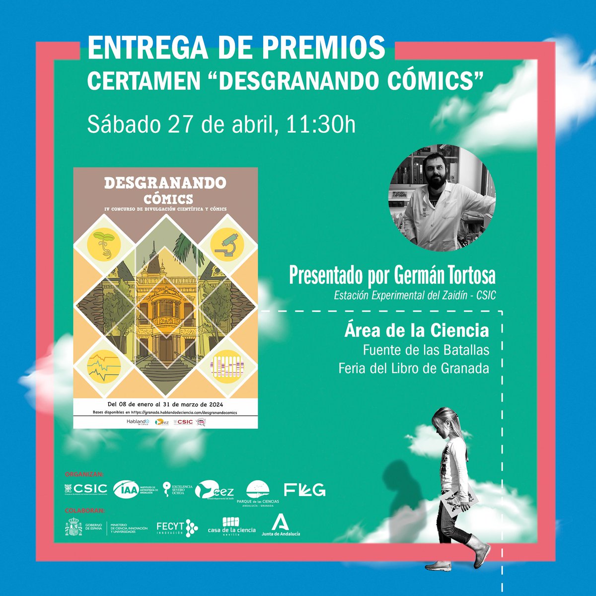 iaa_csic's tweet image. Entrega de premios del certamen “Desgranando Comics”

🗓️ Sábado 27 de abril
🕑 11:30h
📍 Fuente de las Batallas - Área de Ciencia - @ferialibrogr

🗣️ Presentado por Germán Tortosa (@EEZCSIC)