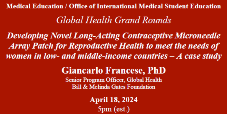 Join us today 4/18/24, at 5pm (E.S.T.) for Dr. Francese's talk on "Long-Acting Contraceptive in LMIC". Sign up here for the Zoom link:weillcornell.az1.qualtrics.com/jfe/form/SV_bP…… #birthcontrol #contraceptive #womenshealth #globalhealth #reproductivehealth #CareDiscoverTeach
<a href="/weillcornell/">Weill Cornell Medicine</a>
<a href="/WCM_OBGYN/">Weill Cornell Medicine Ob/Gyn</a>