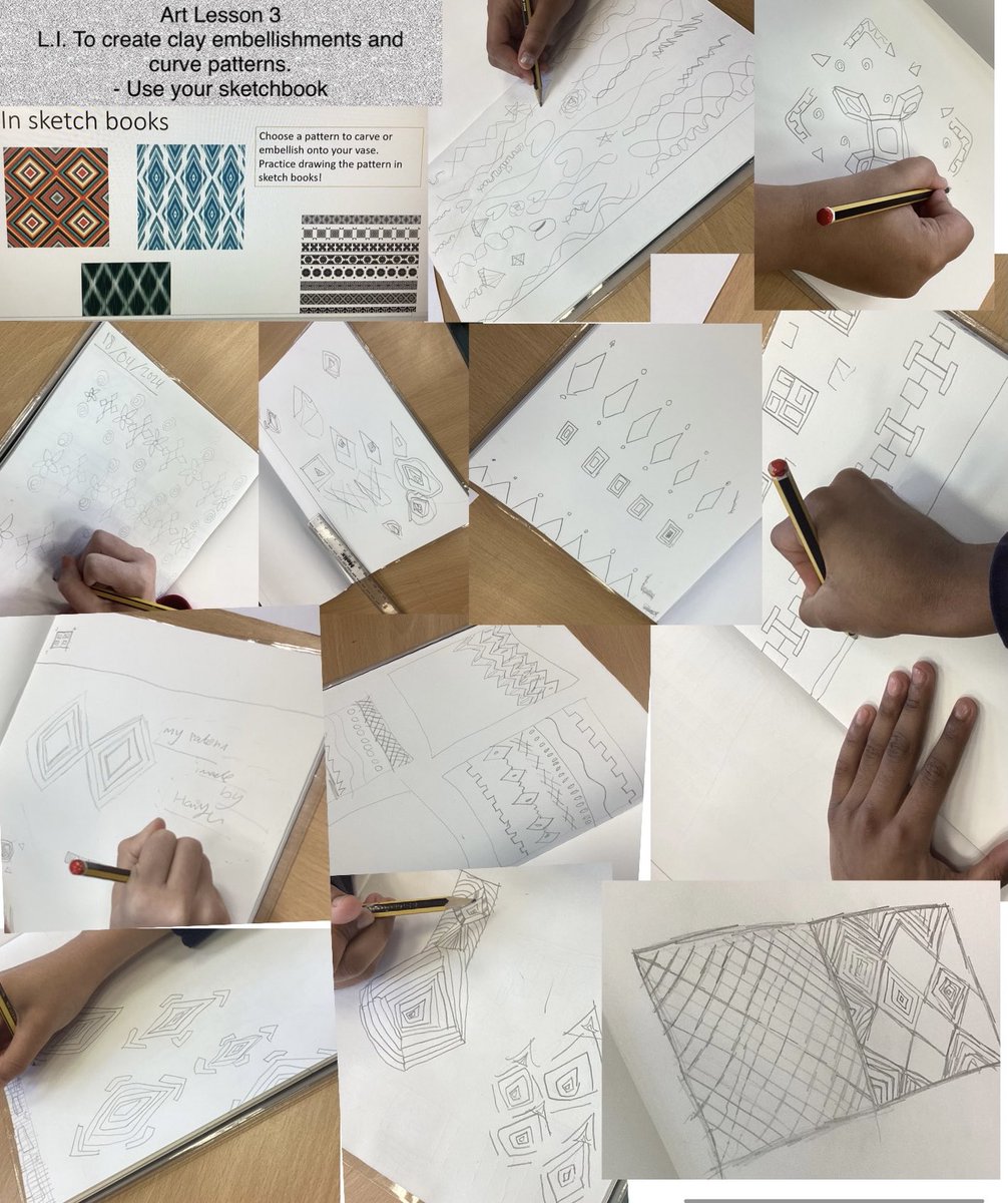In Hockney Class we chose our patterns to curve or embellish onto our vases. We practised drawing the patterns in our sketch books. 
#Art #HockneyClass #Curve #Embellish #Year5 #UKS2