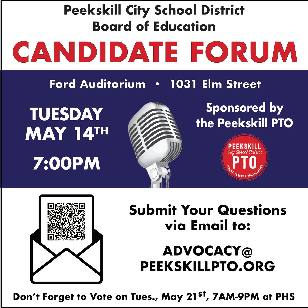 Save the date for the @PeekskillPTO Meet the Candidate Forum! Submit questions via email to: advocacy@peekskillpto.org Reserve la fecha para el Foro de Conozca al Candidato de la Organización de @PeekskillPTO! Preguntas por correo electrónico a: advocacy@peekskillpto.org