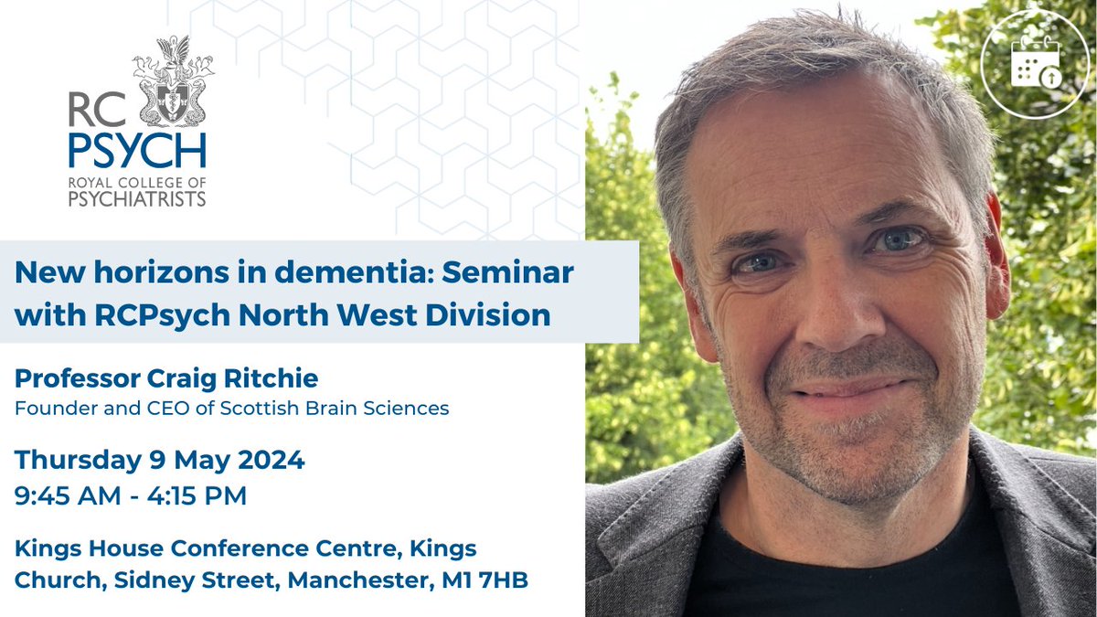 🚨Just three weeks to go till our Dementia Seminar in Manchester, where Professor Craig Ritchie will provide medical updates on Alzheimer’s disease detection &amp; interventions

Book now!➡️bit.ly/49YP50M
<a href="/craig_ritchie68/">Craig Ritchie</a> @Scot_Brain_Sci <a href="/rcpsychOldAge/">Old Age Psychiatry 🌈</a> <a href="/2GetherDementia/">Together Dementia Support</a>