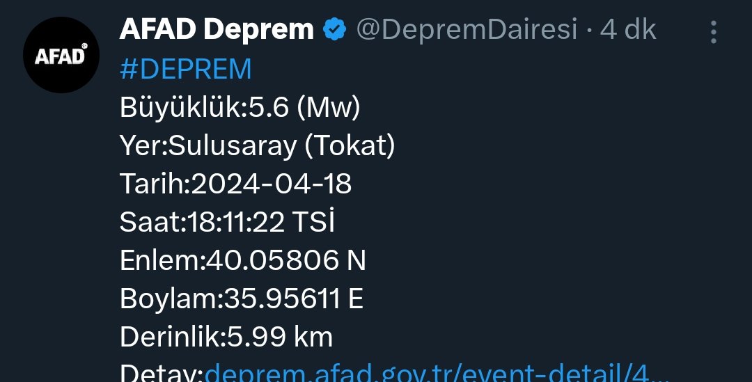 Tokat ta 5.6 deprem olmuş Geçmiş olsun Tokat Umarım kimseye bir şey olmamıştır 🙏🏻