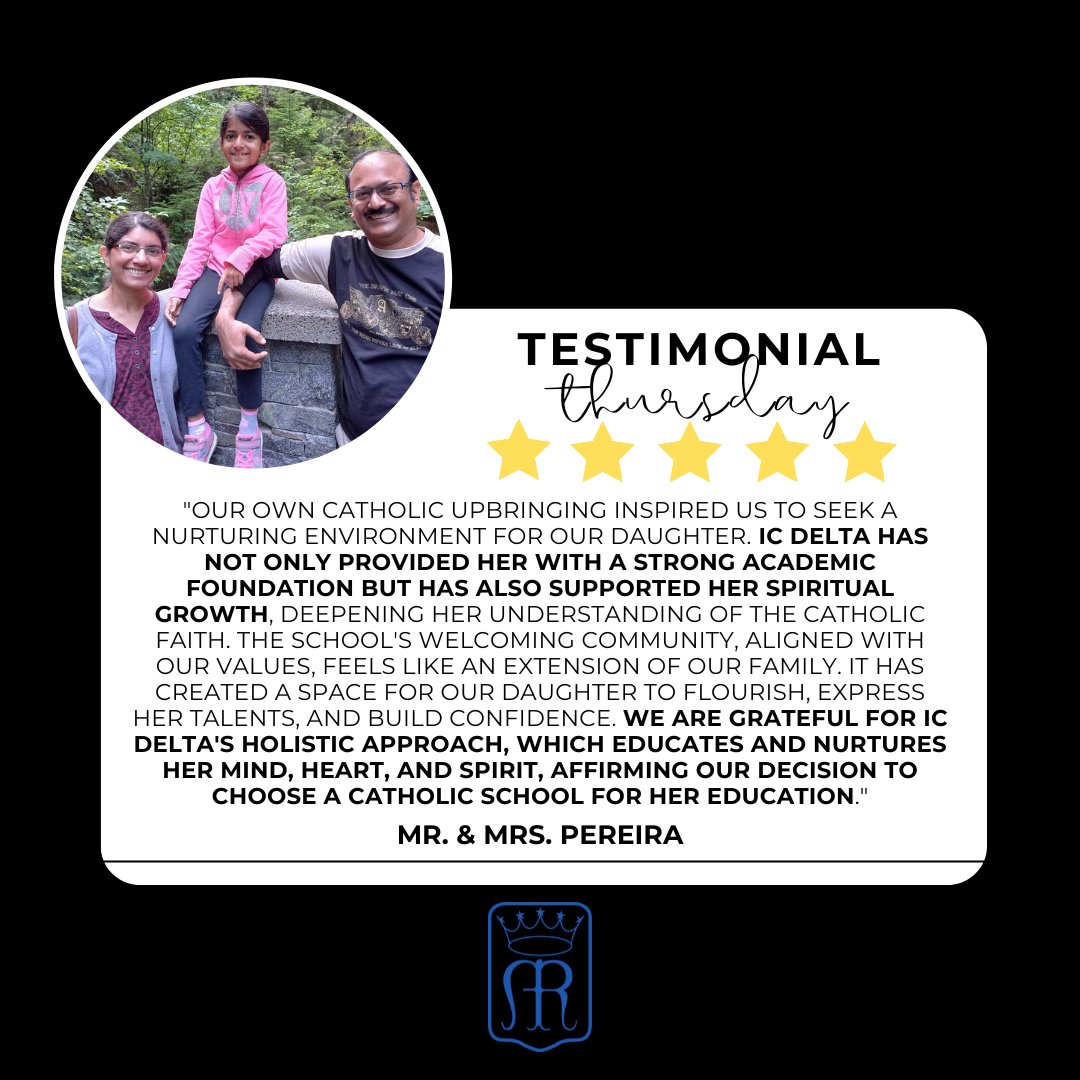 Happy Thursday! Thank you for your beautiful testimonial Mr. & Mrs. Pereira. We are glad to have your family a part of our IC Delta Community! #icdeltaschool #icdeltafamilies #CISVA #catholicfaith #icdeltacommunity #elementary #teamwork #deltabc #surreybc #icdeltastorm