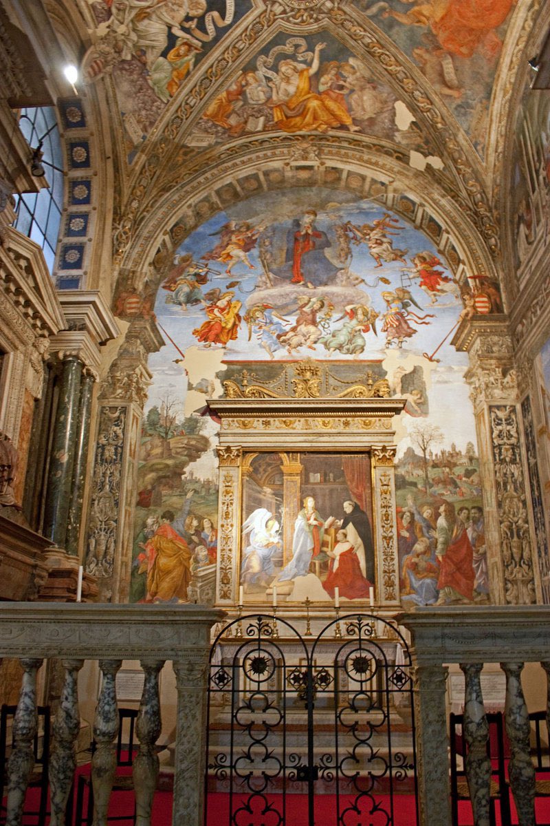 Stunning frescoes of the Assumption of the Virgin in the Carafa Chapel, Santa Maria sopra Minerva, Rome. Painted by today's guy, Filippino Lippi, in 1490.