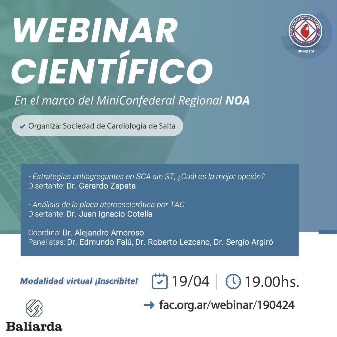 [WEBINAR CIENTÍFICO] 📌 En el marco del MiniConfederal NOA 📆 Viernes 19 de Abril 19:00hs. ➡️ Inscribite: fac.org.ar/webinar/190424/ Organiza Sociedad de Cardiología de Salta #FAC