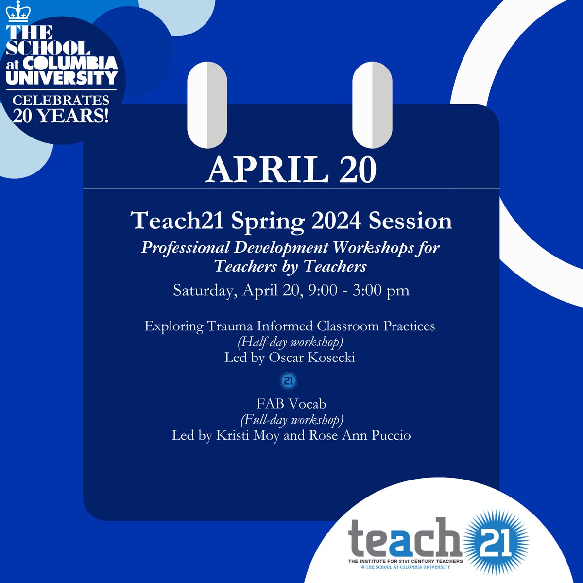 teach21c's tweet image. T-minus two days for our Spring 2024 Teach21 Session! Join us Saturday, April 20! 🔗 Register today: teach21.theschool.columbia.edu/spring-2024-se…

#EdChat #PDWorkshops
#TheSchoolatColumbia