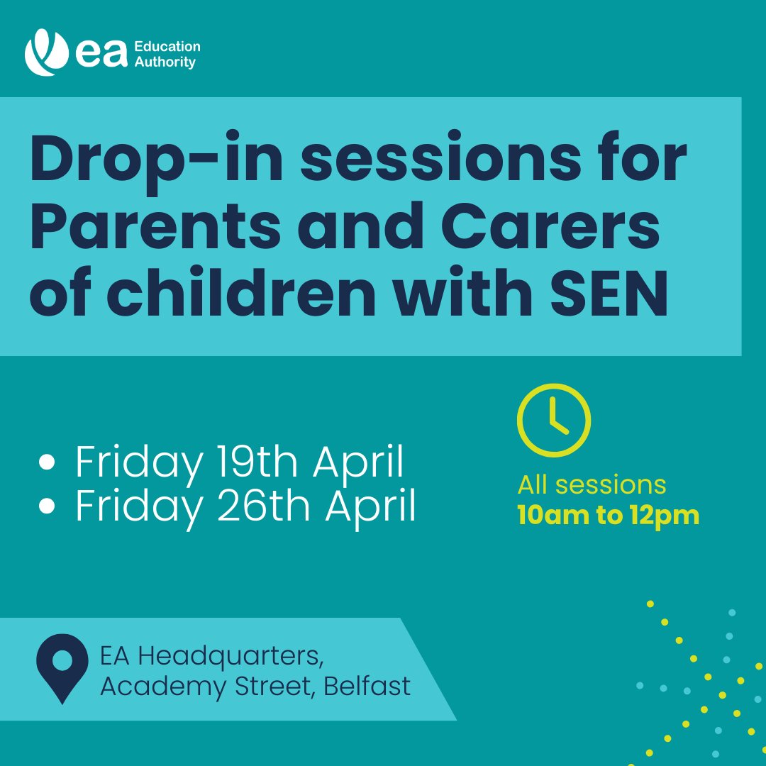 📢The EA Statutory Assessment & Review Service (SARS) team have announced further drop-in sessions in Belfast, for parents & carers of children who are undergoing the statutory assessment process or who are at a Transitional stage of their educational journey.