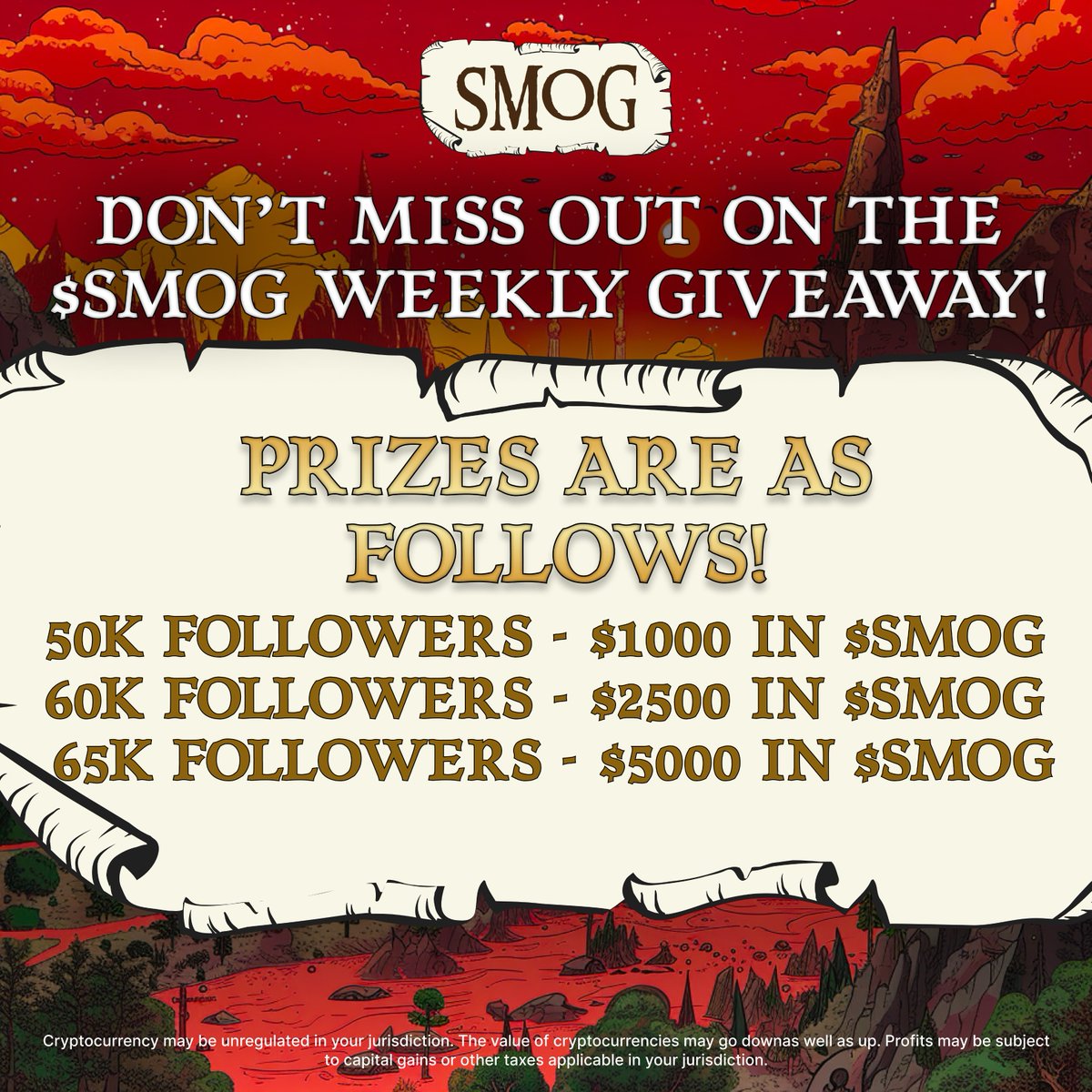 SMOGToken's tweet photo. The Weekly $SMOG #Giveaway is ending tomorrow at 5 pm UTC!⏳

Join now - like, share &amp; tag 3 friends!⬇️

https://t.co/74L25dcGzQ

Remember the milestones we’re aiming for!🔥

💵 50K followers - $1000 in $SMOG 
💸 60K followers - $2500 in $SMOG 
💰 65K followers - $5000 in $SMOG https://t.co/Ryi1TuHLlb