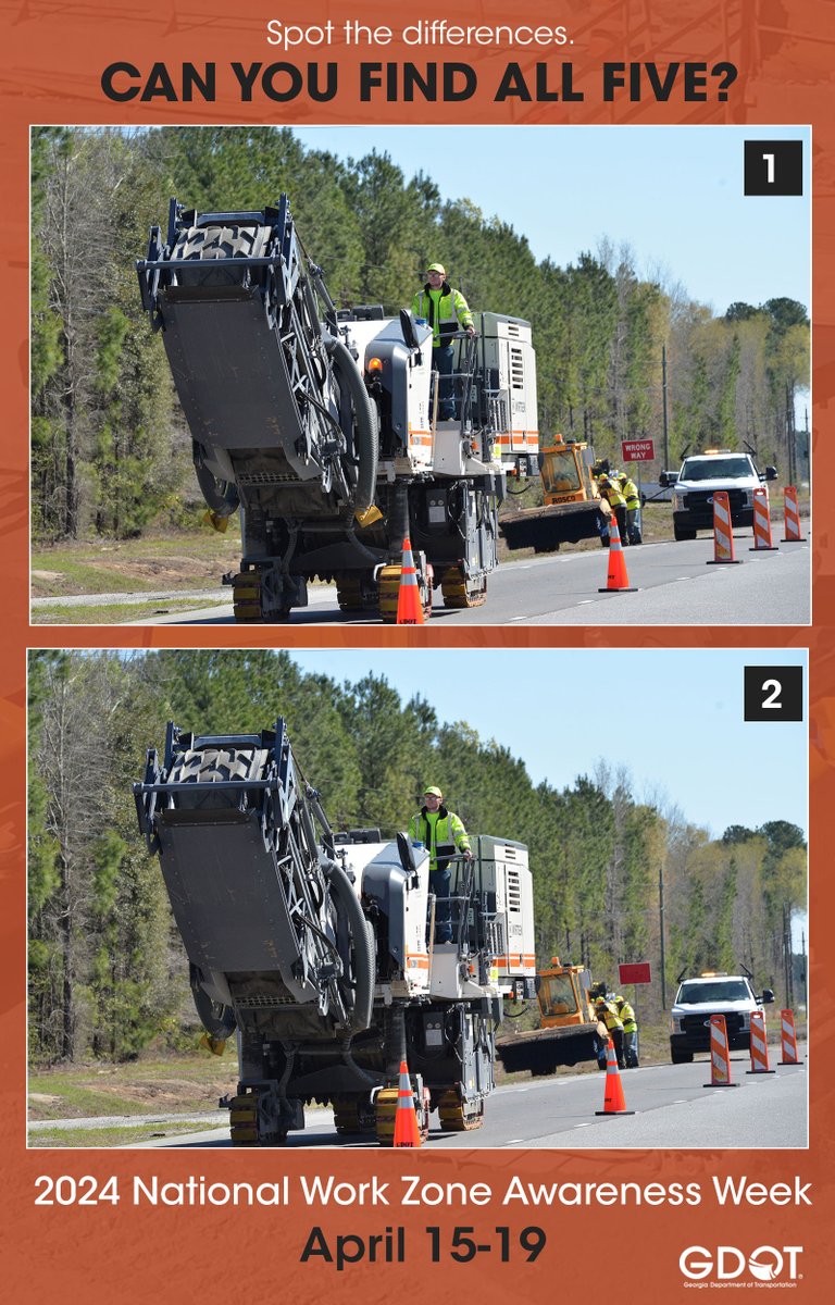 GADeptofTrans's tweet photo. Can you spot the difference?  Happy #WorkZoneSafetyWeek, we're back with our favorite game! Test your skills and learn about work zone safety at the same time. #SpotTheDifference #NWZAW https://t.co/PQ4Hc5A1vo