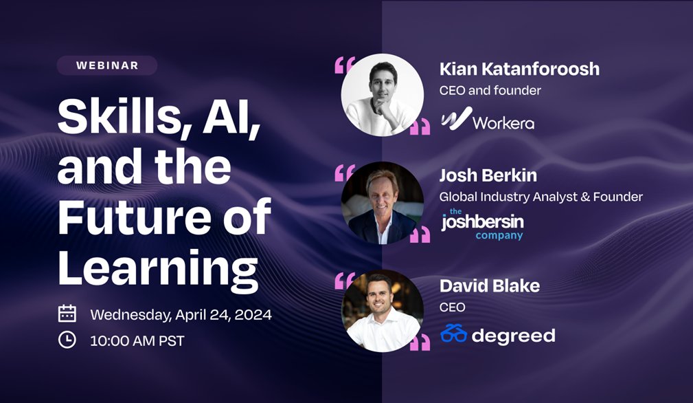 Join us on Wednesday, April 24 at 10 am PT for 'Skills, AI, & the Future of Learning'. This trio of experts will discuss using verified skills data to produce personalized & effective learning paths across the workforce. Register now: hubs.ly/Q02t9j640 #hr #futureofwork