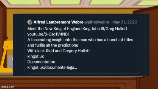 thanks Alfred.
#KingJohnIII #Disclosure #JosephGregoryHallett
kingjohnthethird.uk