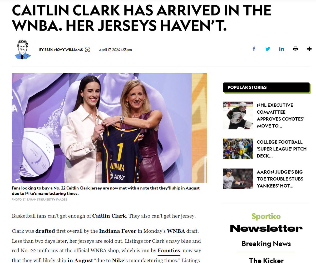 FWIW, I think it says a lot about @Nike's priorities (and business ROI) that it is negotiating a record $10+ million contract with Caitlin Clark while having Clark's fan wait more than half a season for the chance to buy her jersey.