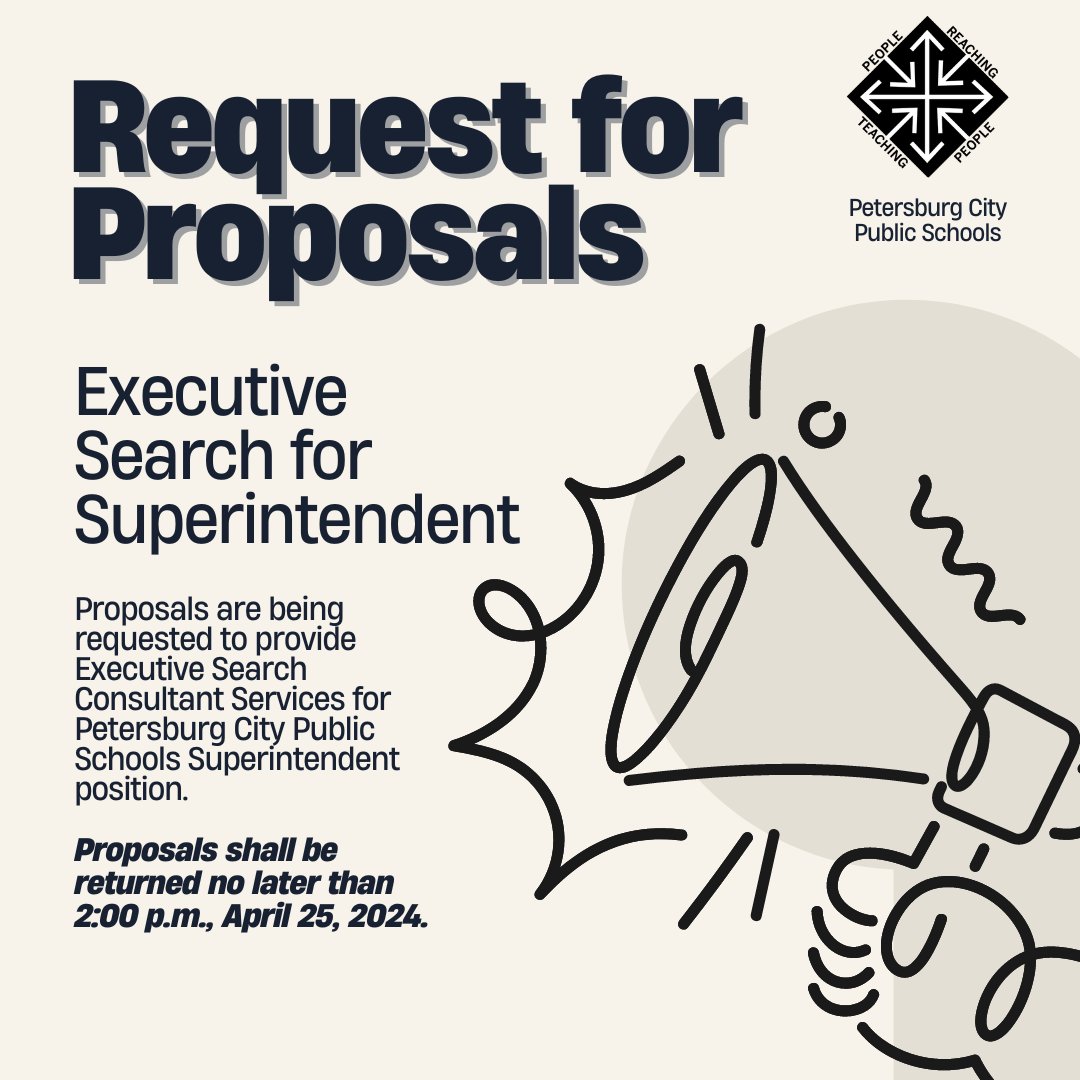 📢Petersburg City Public Schools is issuing a Request for Proposals (RFP) for an Executive Search for a New Superintendent. Please see details here: ow.ly/Mtot50Rj6JR