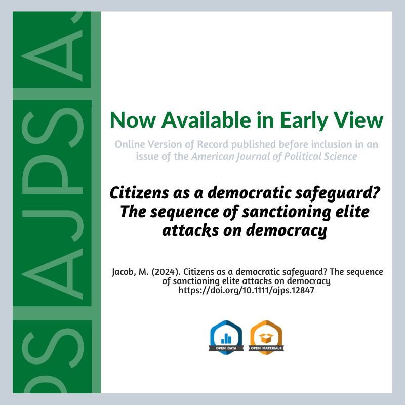 Citizens as a democratic safeguard? The sequence of sanctioning elite attacks on democracy by Marc S. Jacob is now available in Early View. ajps.org/2024/04/17/cit…