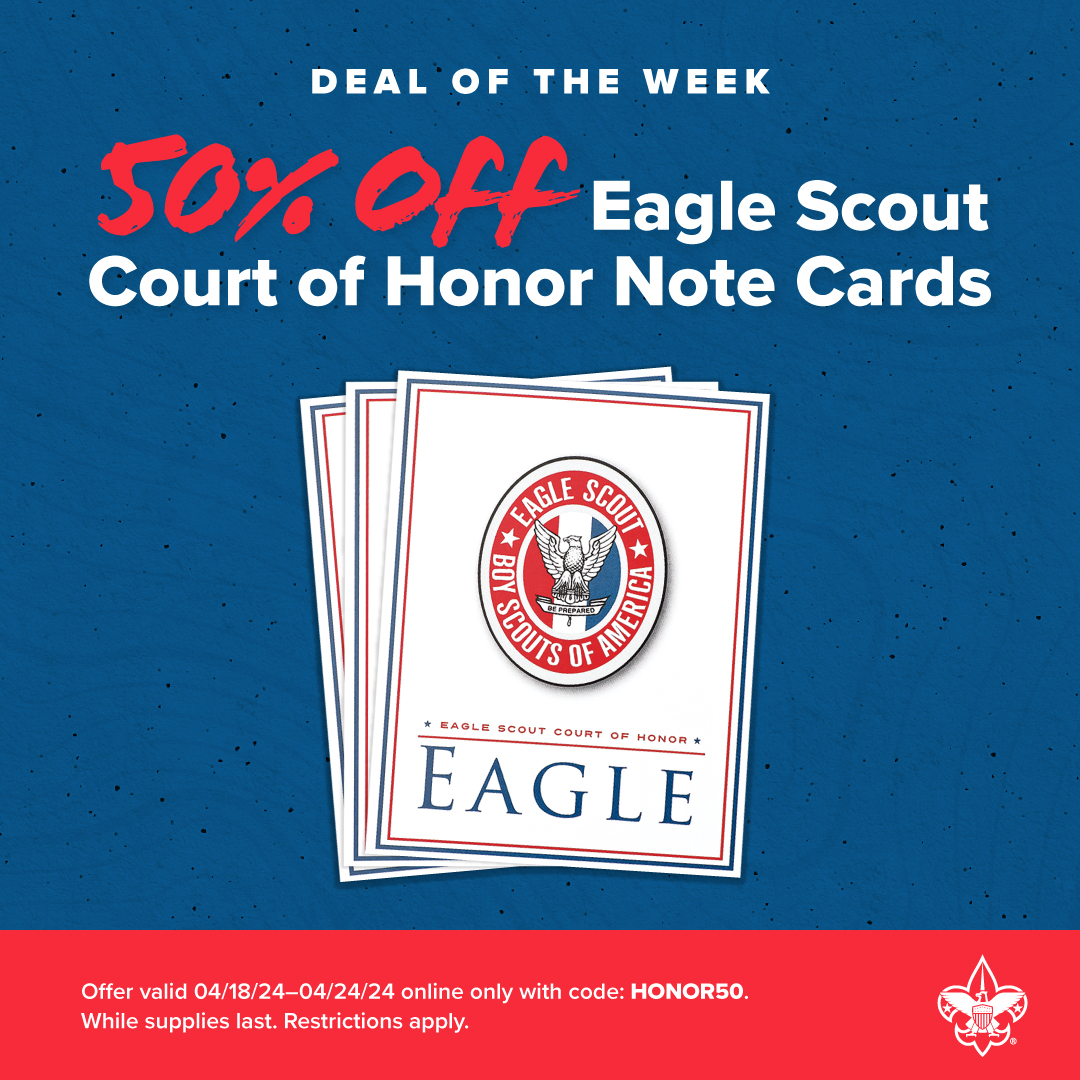 Obtaining Eagle Scout is no small feat. It takes years of dedication, skill-honing, and perseverance. Thankfully, honoring your Eagle Scout doesn't take years! Take advantage of this week's sale: 50% off Eagle Scout Court of Honor Note Cards! Shop now - ow.ly/3fhN50Rj7Cf