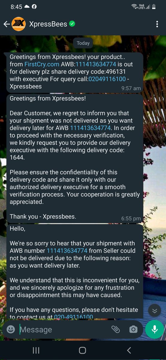 M_Garima28's tweet photo. @XpressBees_IN @firstcryindia I didn't ask for delivery later but I'm receiving these messages on WhatsApp.Pls explain why is it happening?Your rider denied delivery and switched off his number.After much difficulty I managed to contact him and he said it's not his delivery area https://t.co/8N01JXotHT
