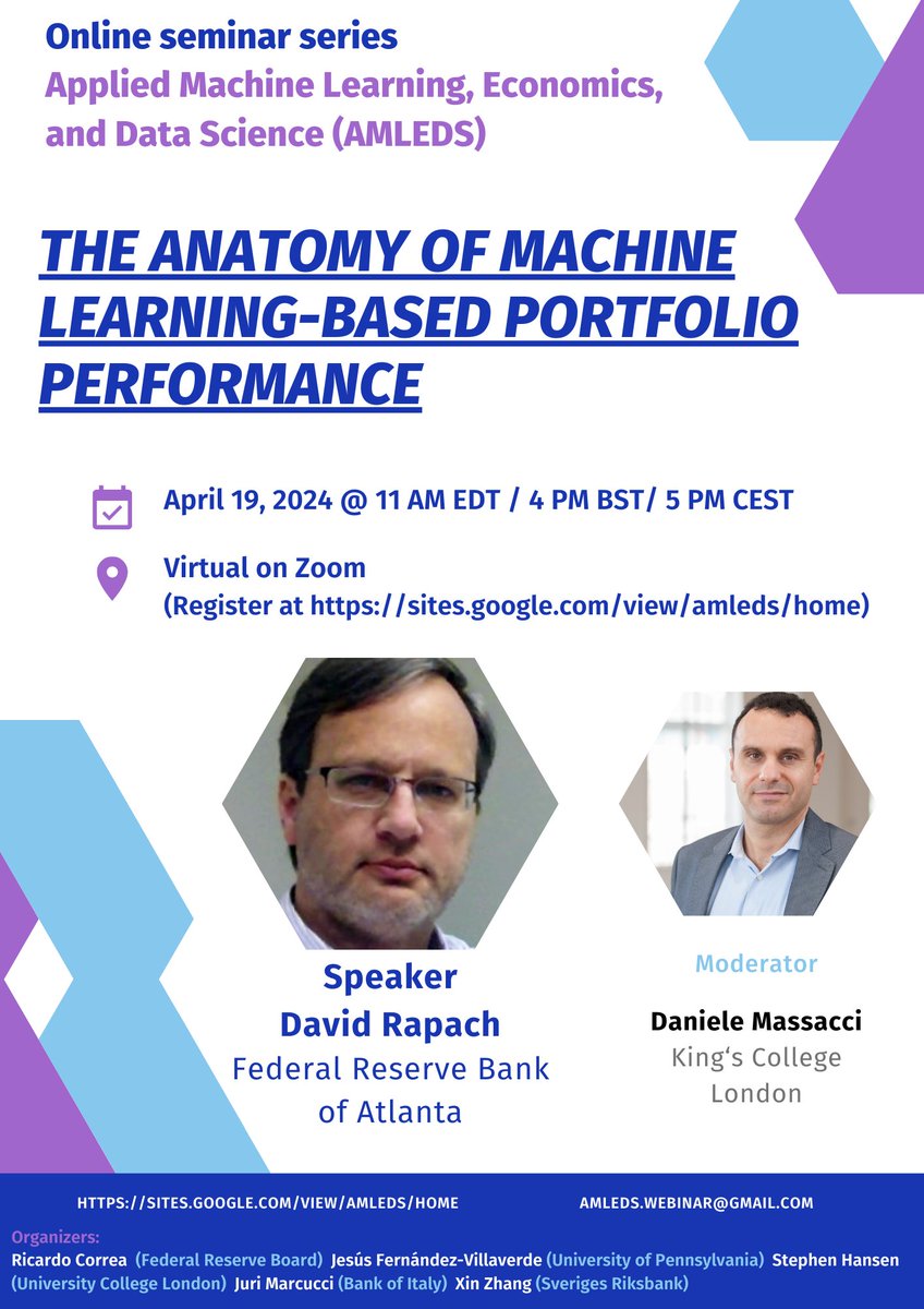 AMLEDS (@amleds1) on Twitter photo π Hi #EconTwitter!
Don't miss the #AMLEDS webinar tomorrow Apr 19 @11AM EDT:
<a href="/DaveRapach/">Dave Rapach</a> (Atlanta Fed) moderated by Daniele Massacci (<a href="/KingsCollegeLon/">King's College London</a>)!
π Explore "The Anatomy of #MachineLearning Based #Portfolio Performance" & its implications for #investment strategies. π Hi #EconTwitter!
Don't miss the #AMLEDS webinar tomorrow Apr 19 @11AM EDT:
<a href="/DaveRapach/">Dave Rapach</a> (Atlanta Fed) moderated by Daniele Massacci (<a href="/KingsCollegeLon/">King's College London</a>)!
π Explore "The Anatomy of #MachineLearning Based #Portfolio Performance" & its implications for #investment strategies.