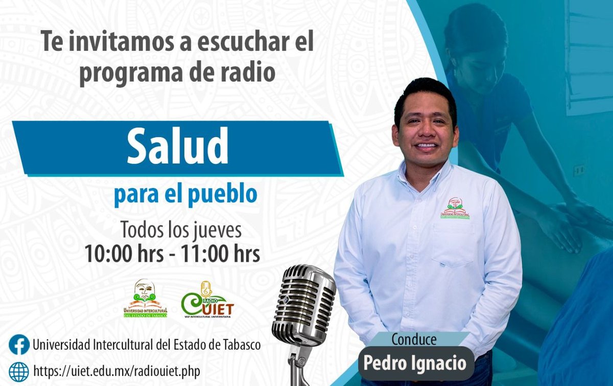 radio_uiet's tweet photo. #Radio #Universitaria #Intercultural #Salud    
Disfruta de nuestra programación  “Salud para el pueblo”  todos los jueves a partir de las 10:00 am por Radio UIET “Voz Intercultural Universitaria”.
https://t.co/ZMxi4ORDDr https://t.co/4liqfPOezp