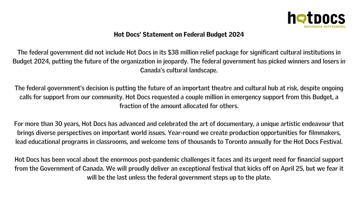 HotDocs's tweet photo. Hot Docs' Statement on Federal Budget 2024 https://t.co/pUFbsyIeTo