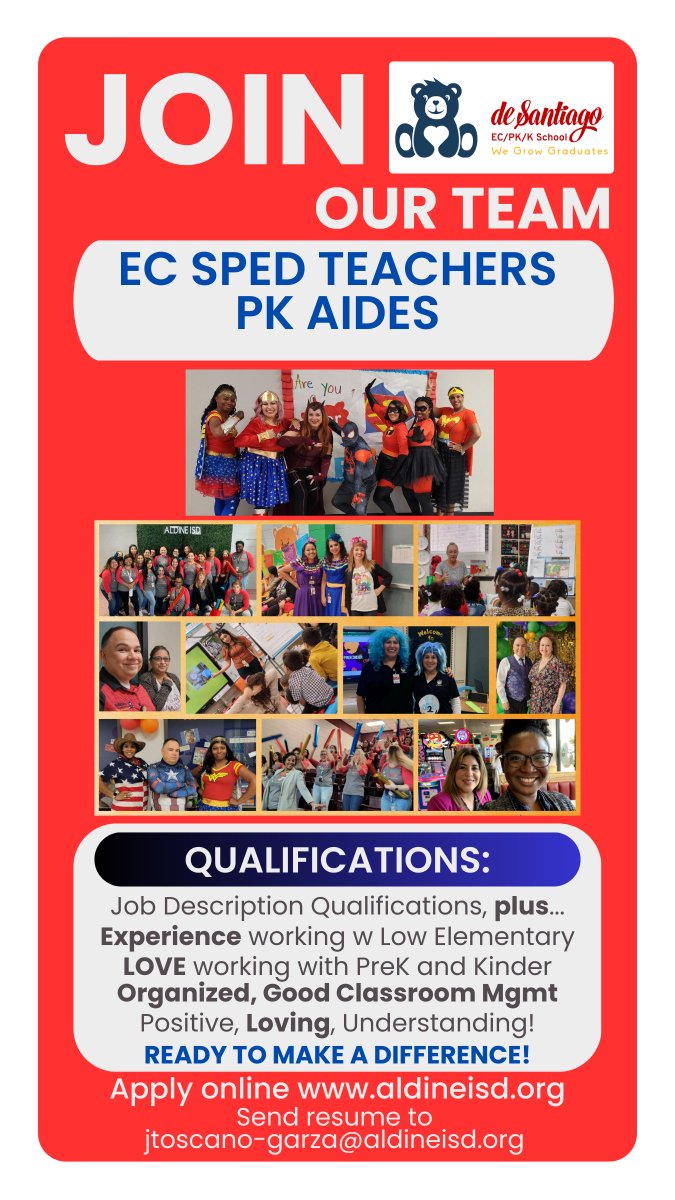 We are looking for SUPERHEROES! Special Education Teachers for our Early Childhood classes, you will not regret joining our team. We are also looking for Pre-K Aides (preferably bilingual). Apply online or send an email to @JuanToscanoG @AldineISD @Primary_AISD @uhdowntown