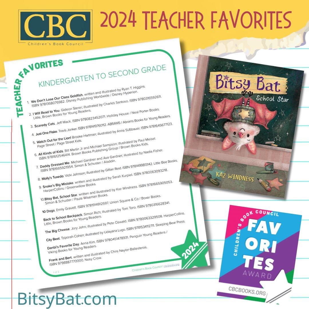 #bitsybatschoolstar was voted onto the 2024 Children’s Book Council’s Favorites Award List! Bitsy Bat is a TEACHER FAVORITE in the K-2nd Grade category. (Educator resources at BitsyBat.com!) Thank you, Children's Book Council! Thank you teachers! @SimonKIDS