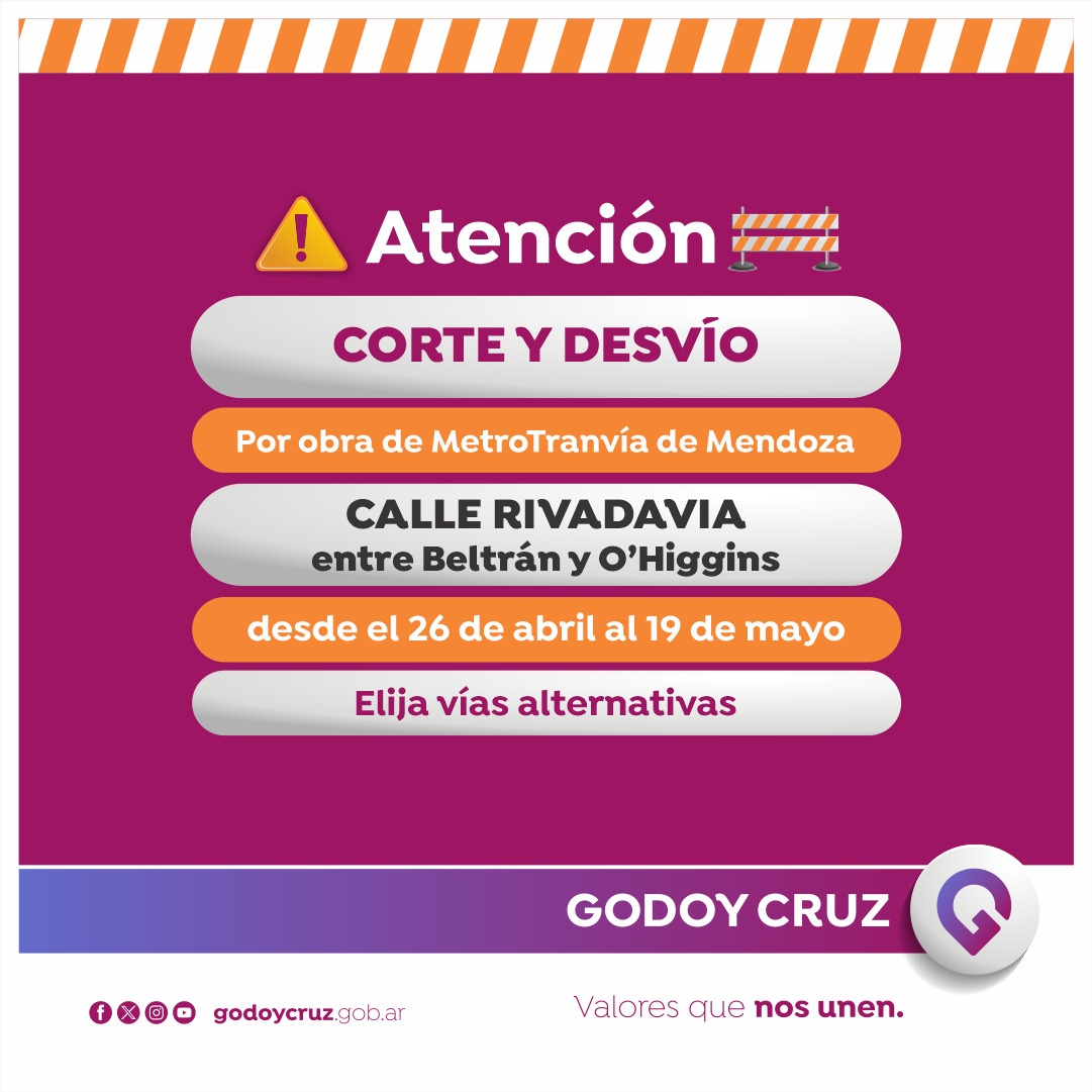 🚧 Habrá nuevos desvíos en el tránsito por las obras del Metrotranvía en Godoy Cruz.

Los cortes se prolongarán por un mes, por lo que se solicita a los vecinos especial atención en las zonas y elegir vías alternativas para la circulación.

📲 Más info: cutt.ly/vw5hFbYJ