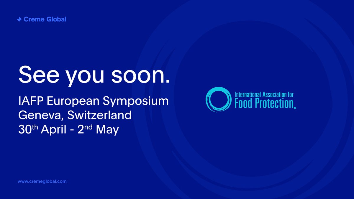 Just two weeks until the IAFP European Symposium in Geneva and we are looking forward to it.

Creme Globals James Doyle will be speaking about 'AI-Based Decision Support Systems to Prioritise Hazards in the Food Supply Chain'

#foodsafety #europeansymposium #IAFP
@IAFPFood