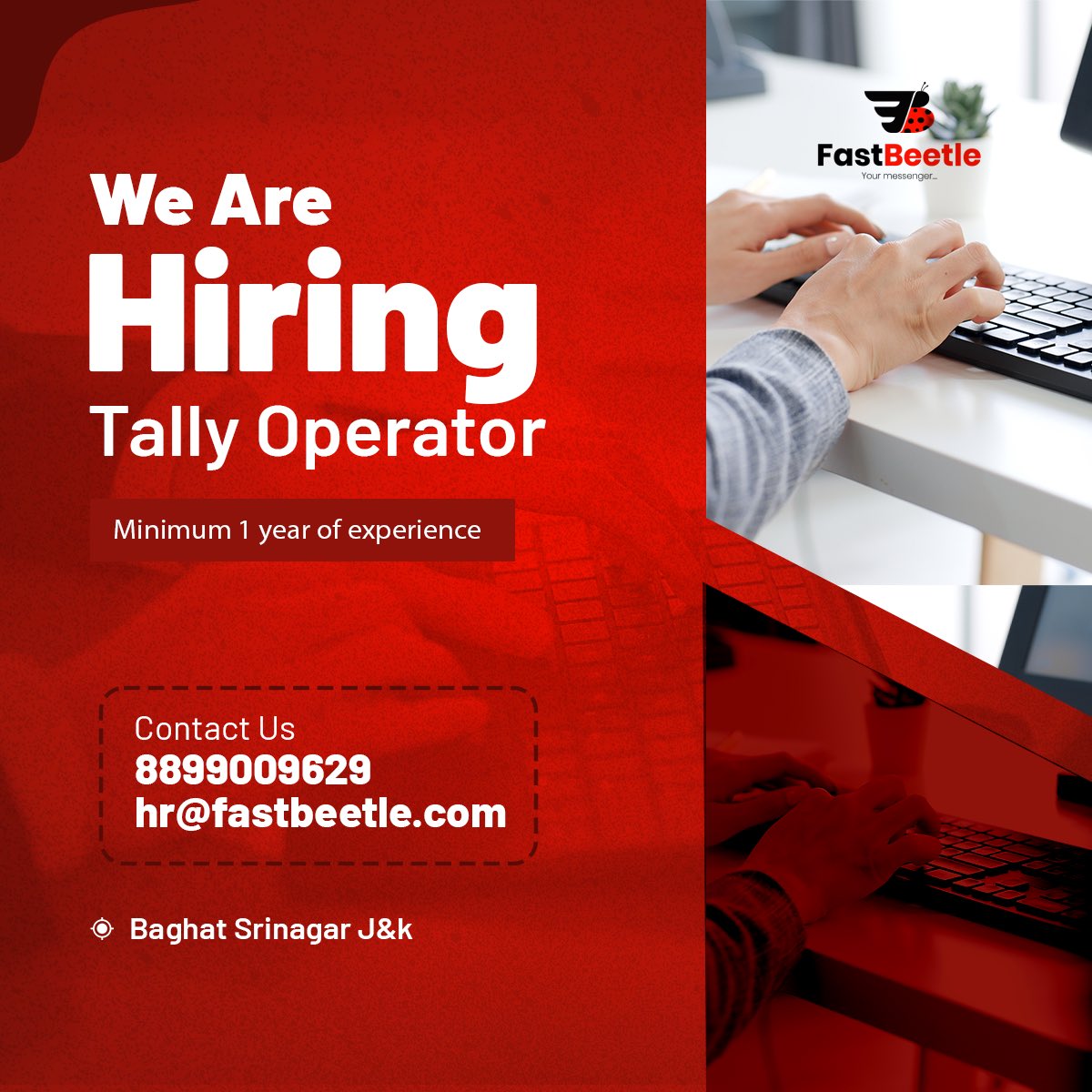 fastbeetle_'s tweet photo. Unlock the power of precision with FastBeetle! Seeking a savvy Tally Operator to drive our financial finesse forward.
Call on the mentioned number from 10:30 am to 4:30 pm or share your resume at hr@fastbeetle.com
#Fastbeetle #Hiring #Srinagar https://t.co/bHBybiD8rY