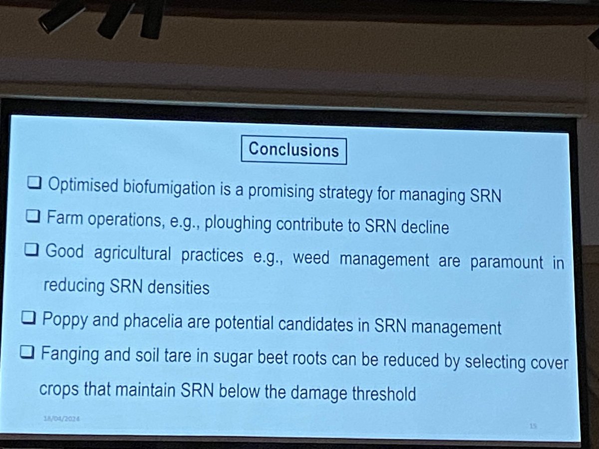 Cultural management of PPN Session: Talk by @Nyamburakabura7 from @HarperAdamsUni which looks at Population dynamics of stubby root nematodes in sugar beet fields due to rotations with cover crops.#ESN2024 @ESNematologists @activeplantnema @DrMattBack