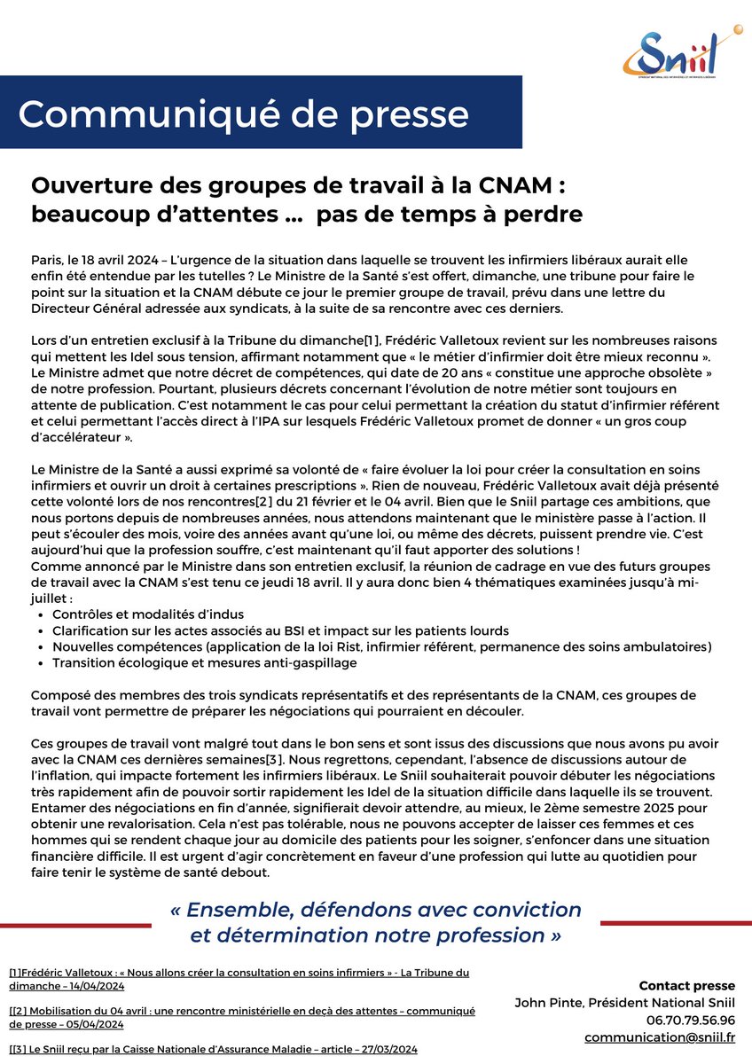 📰 [Communiqué de presse] - Ouverture des groupes de travail à la CNAM : beaucoup d'attentes... peu de temps à perdre L’ #urgence de la situation dans laquelle se trouvent les #infirmiers libéraux aurait-elle enfin été entendue par les tutelles ?👇 sniil.fr/ouverture-grou…