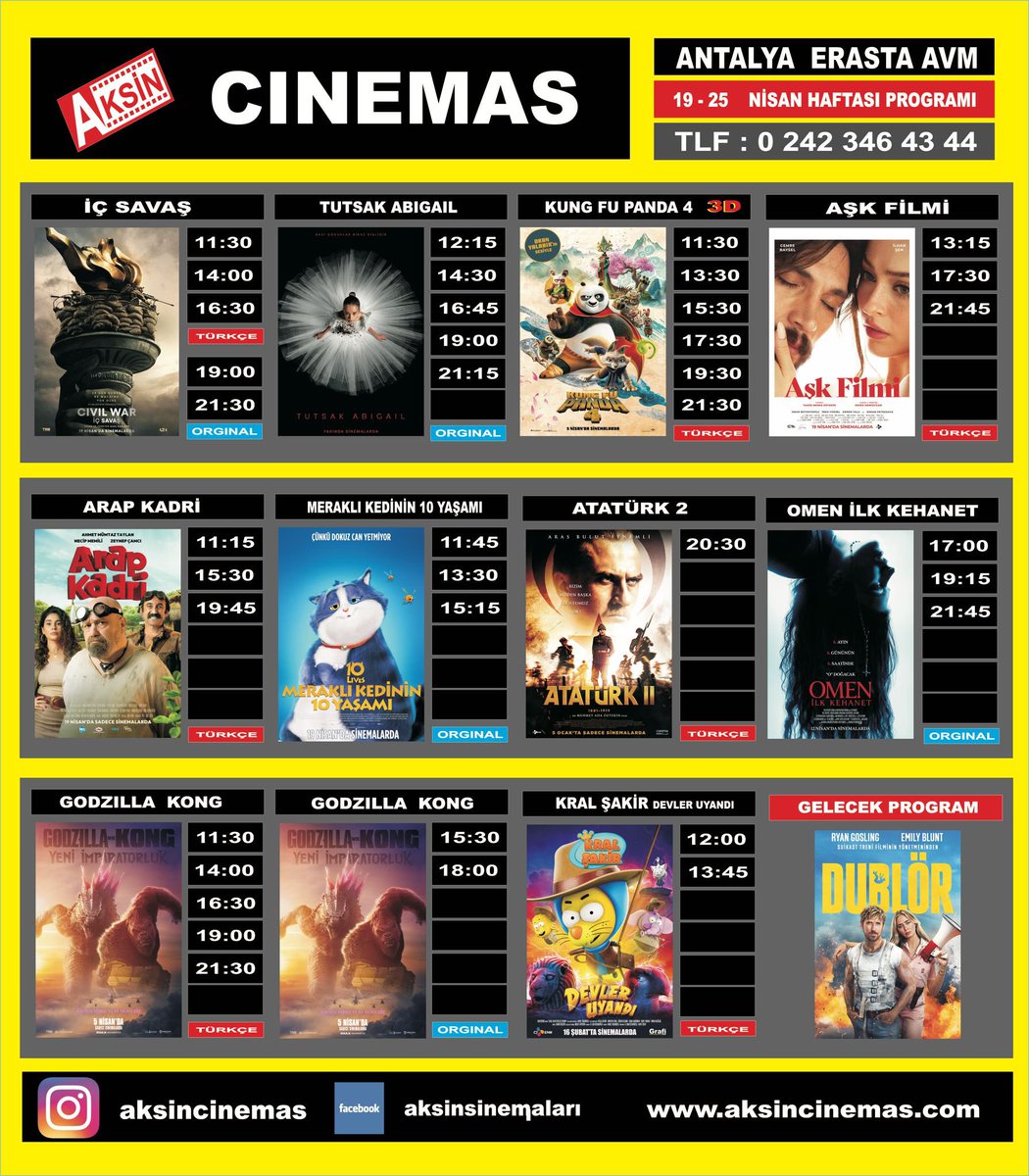 erastaavm's tweet photo. Aksin sinemasında 19 - 25 Nisan haftası film programı 🎬 @aksincinemas #erastaantalyaavm #sinema #açıkhava #temizhava #patidostuavm #antalya https://t.co/IQkjyoz82A